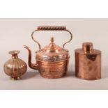 A VICTORIAN COPPER KETTLE, circular, embossed with borders and panels of stylised flowers, writhen