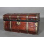 A CONTINENTAL STAINED PINE BRASS BOUND DOME TOP TRUNK, the hinged lid above a concave front, 82cm