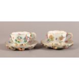 A PAIR OF 19TH CENTURY DRESDEN FLORAL ENCRUSTED CUPS AND SAUCERS painted with insects and
