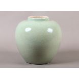 A CHINESE CELADON CRACKLE GLAZE VASE, ovoid, underglaze blue six character painted mark to