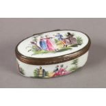 AN EARLY 19TH CENTURY GERMAN ENAMEL BOX, oval, painted with figures in conversation in a classical