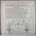 AN EARLY 19TH CENTURY SAMPLER listing the children of John and Ollive Fernihough and the dates