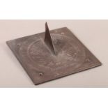 OF GARDENING INTEREST: A LATE 19TH CENTURY/EARLY 20TH CENTURY SLATE SUN DIAL, square with bronze