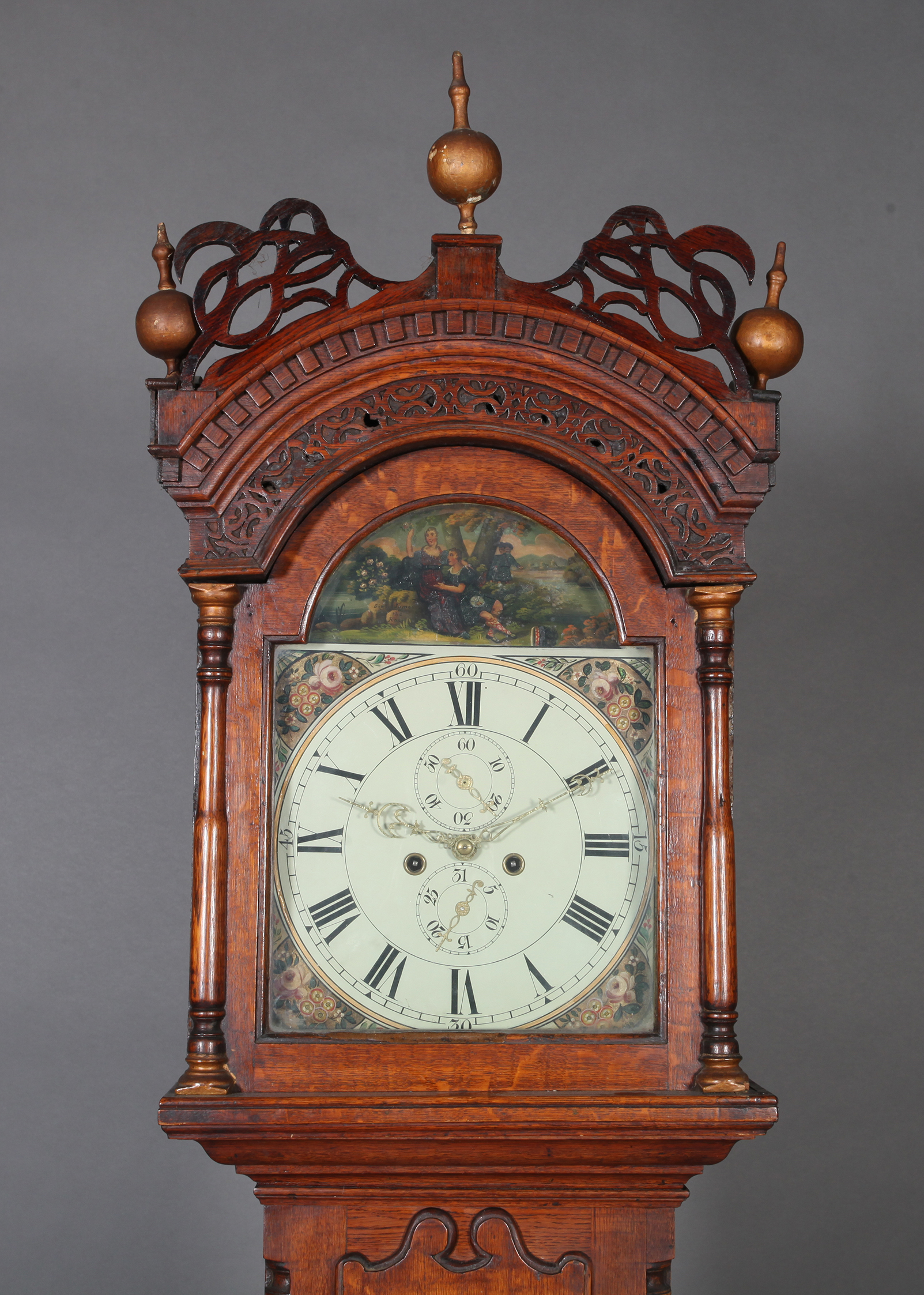 A GEORGE III OAK LONGCASE CLOCK, ornate hood fret cut, dentil moulded and with three gold painted - Image 2 of 3