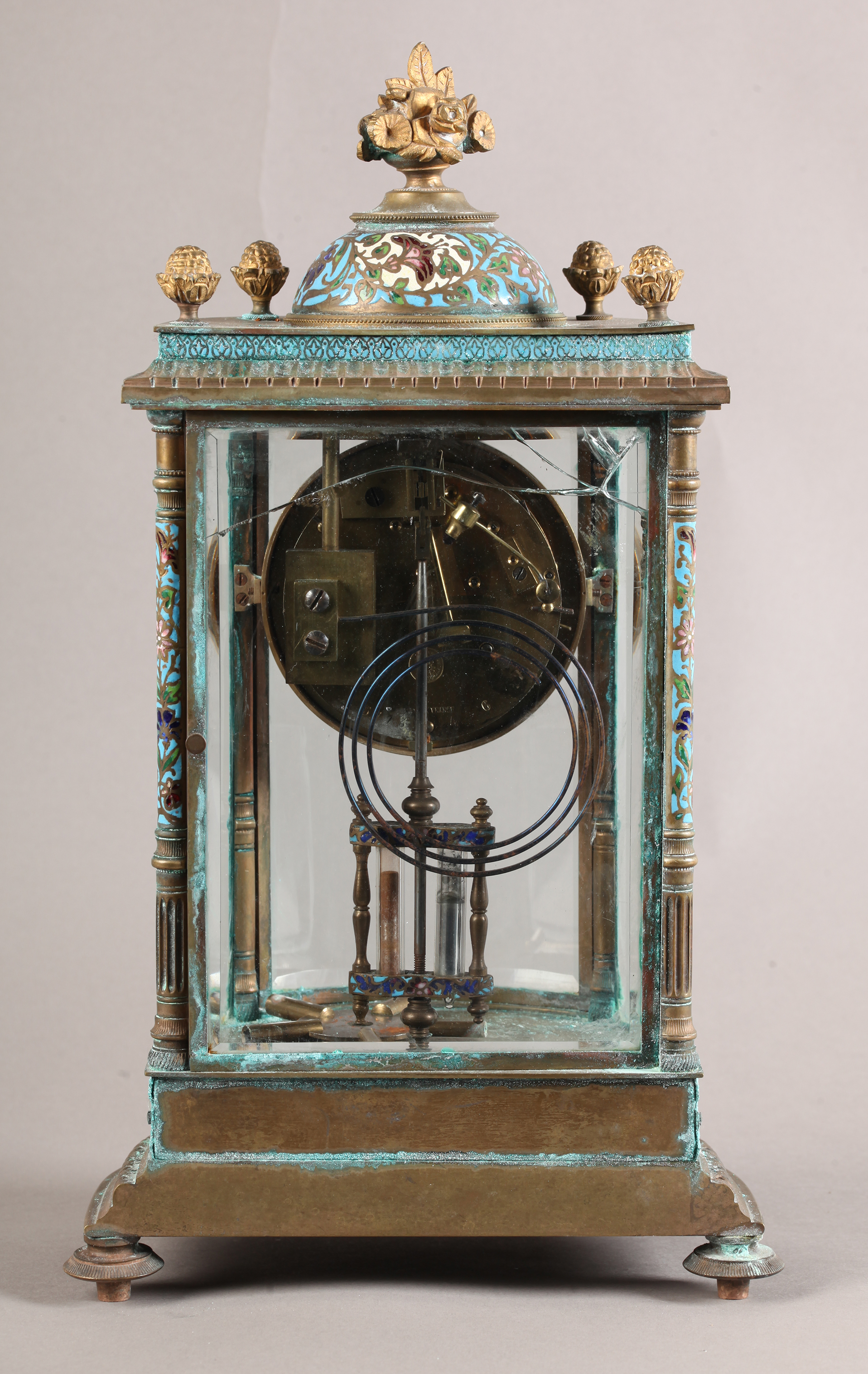 A FRENCH LATE 19TH CENTURY BRASS CASED AND CHAMPLEVE ENAMELLED FOUR GLASS MANTEL CLOCK, decorated - Image 4 of 4