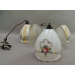 Six vintage lightshades including a pair of beige striped white glass shades frilled rims