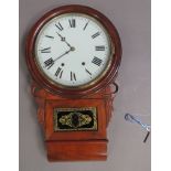 A Victorian walnut drop case wall clock, the circular white enamel dial with Roman numerals, twin