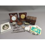 An ivory framed oval portrait miniature, a reproduction Japanese compass, a carved wooded box, a