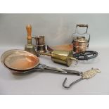 A quantity of copper and brass ware including a pair of continental copper frying pans with