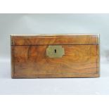 A Victorian brass bound burr walnut veneered writing slope the hinged top with vacant rectangular