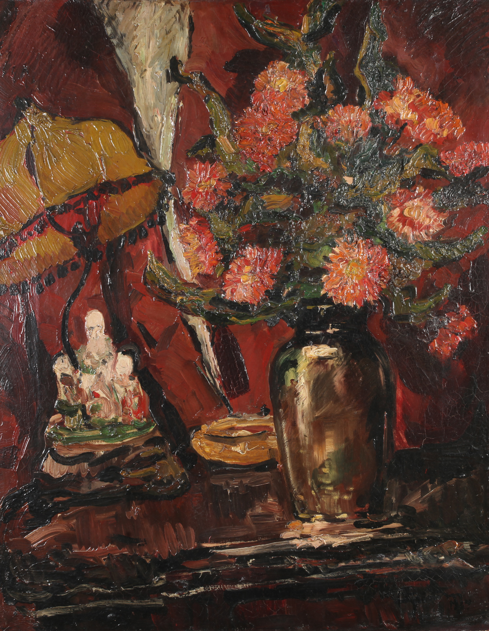 ENGLISH SCHOOL (c.1930/40s), Still life of Dahlias held in a vase on a table beside a Chinese