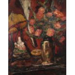 ENGLISH SCHOOL (c.1930/40s), Still life of Dahlias held in a vase on a table beside a Chinese
