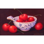 ARR TRISH HARDWICK (b.1949), Cherries in a wine taster, still life, oil on canvas, signed to lower
