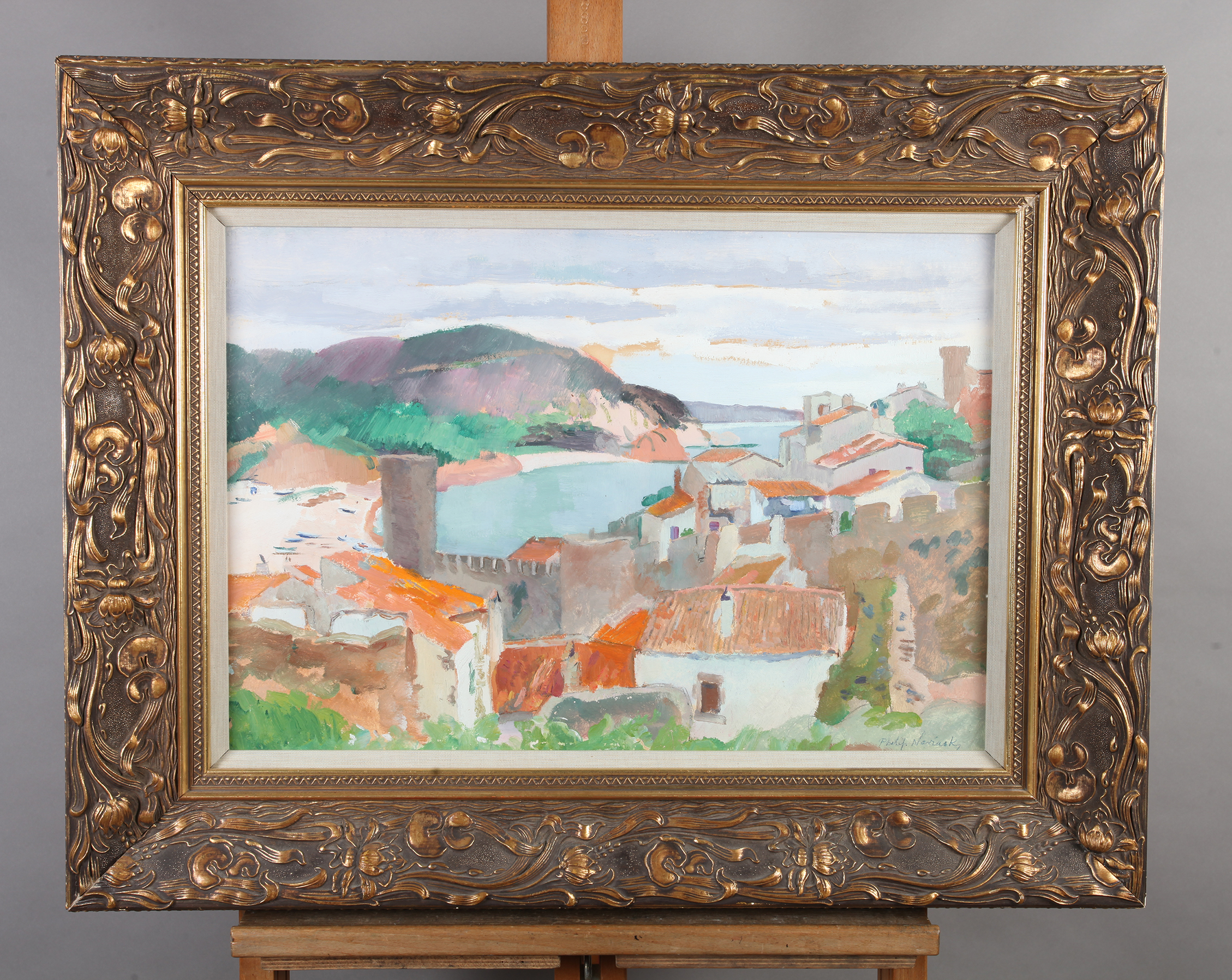 ARR PHILIP NAVIASKY (1894-1983), Mediterranean fishing village and bay, oil on board, signed to - Image 4 of 4