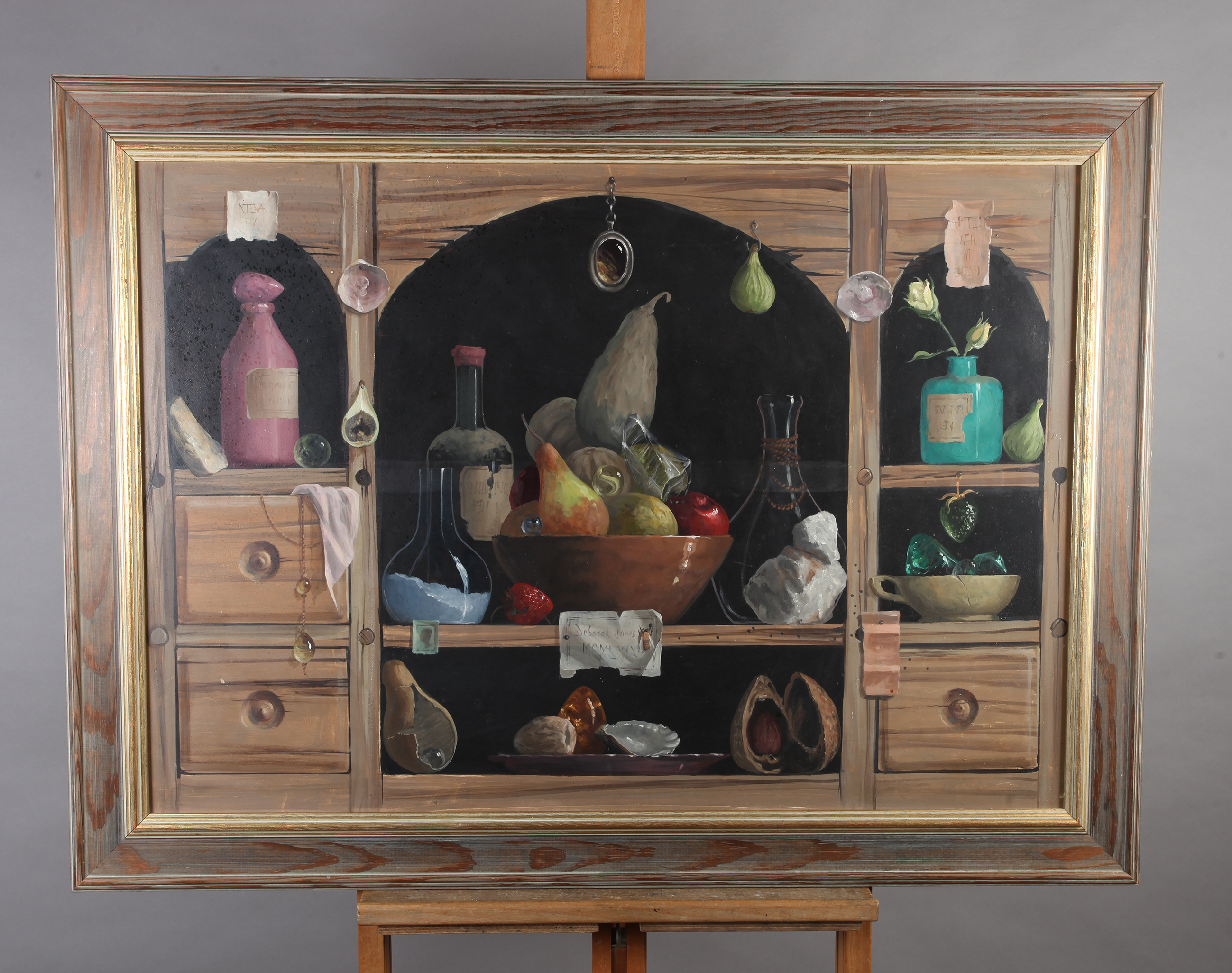 ARR DEBORAH JONES (1921-2012), Still life of fruit, wine, bottles and shells on a set of shelves - Image 5 of 6