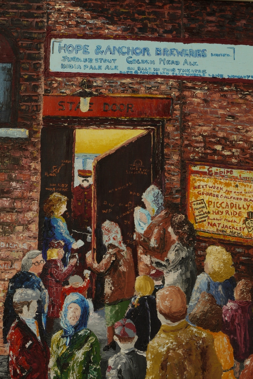 W* Palmer, 20th/21st century, Sheffield Empire, figures at the stage door, acrylic on canvas, 46cm - Image 2 of 3