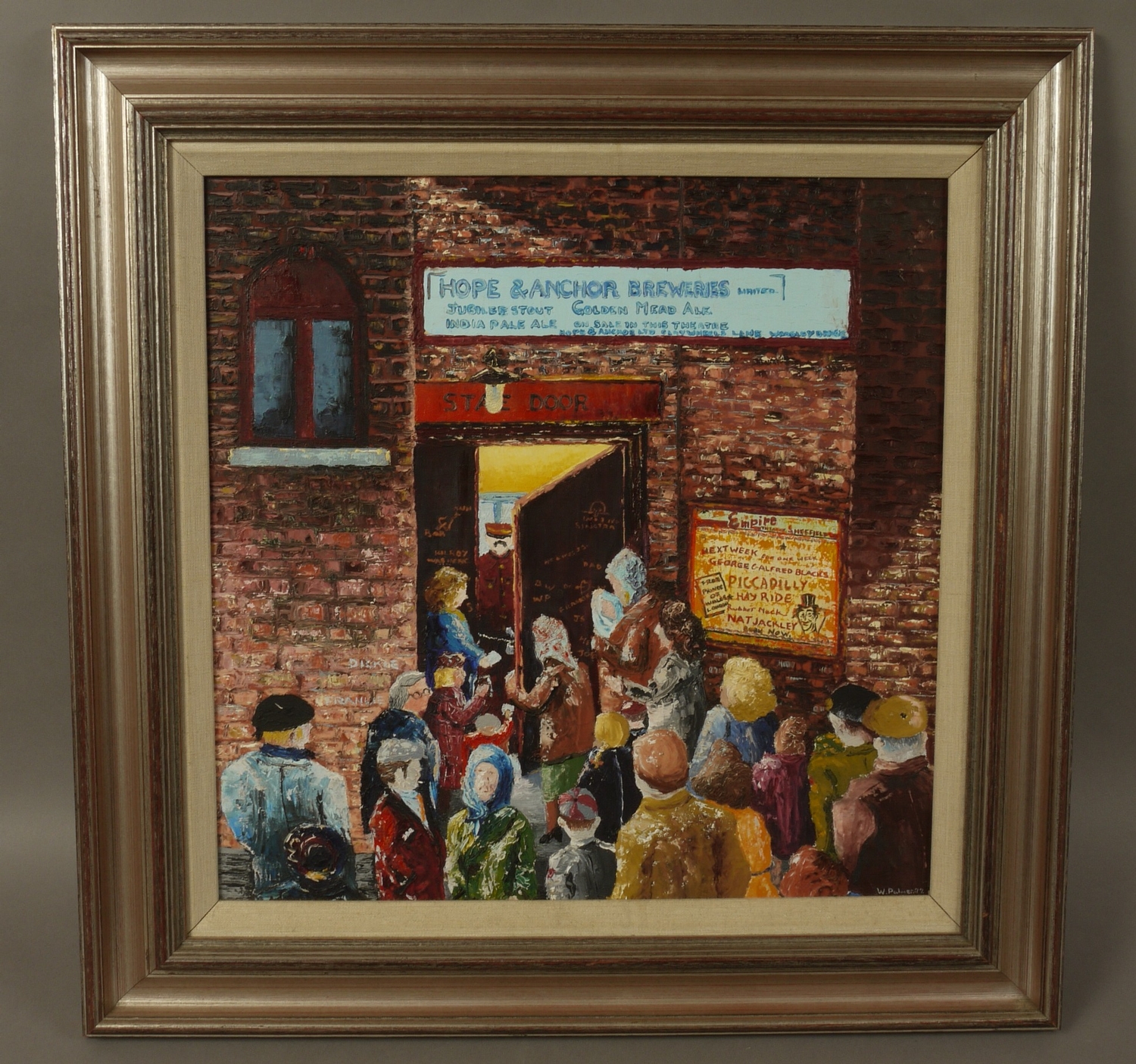 W* Palmer, 20th/21st century, Sheffield Empire, figures at the stage door, acrylic on canvas, 46cm - Image 3 of 3