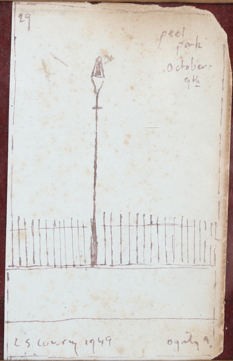 ARR L S LOWRY (1887-1976), Peel Park - lamp post and railing, ink on paper, numbered 29 to top left,