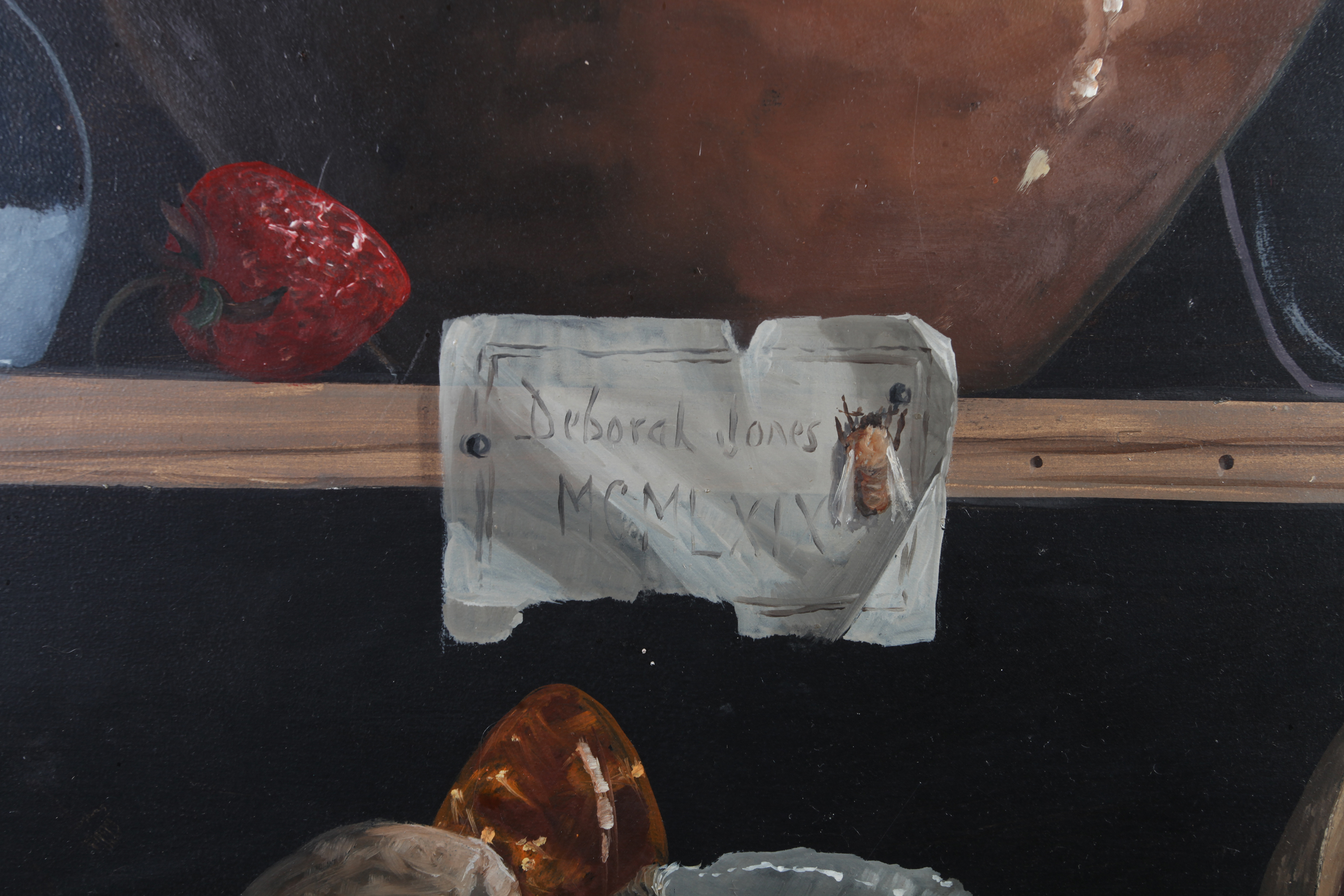 ARR DEBORAH JONES (1921-2012), Still life of fruit, wine, bottles and shells on a set of shelves - Image 3 of 6