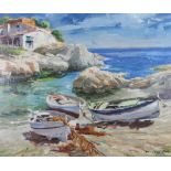 M VIDIELLA (mid 20th century), 'Adriatic Shore', beached fishing boats in a small cove, oil on