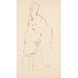 PICKFORTH (Mid 20th century), Female nude sitting on a stool, pen and ink on buff paper, signed to