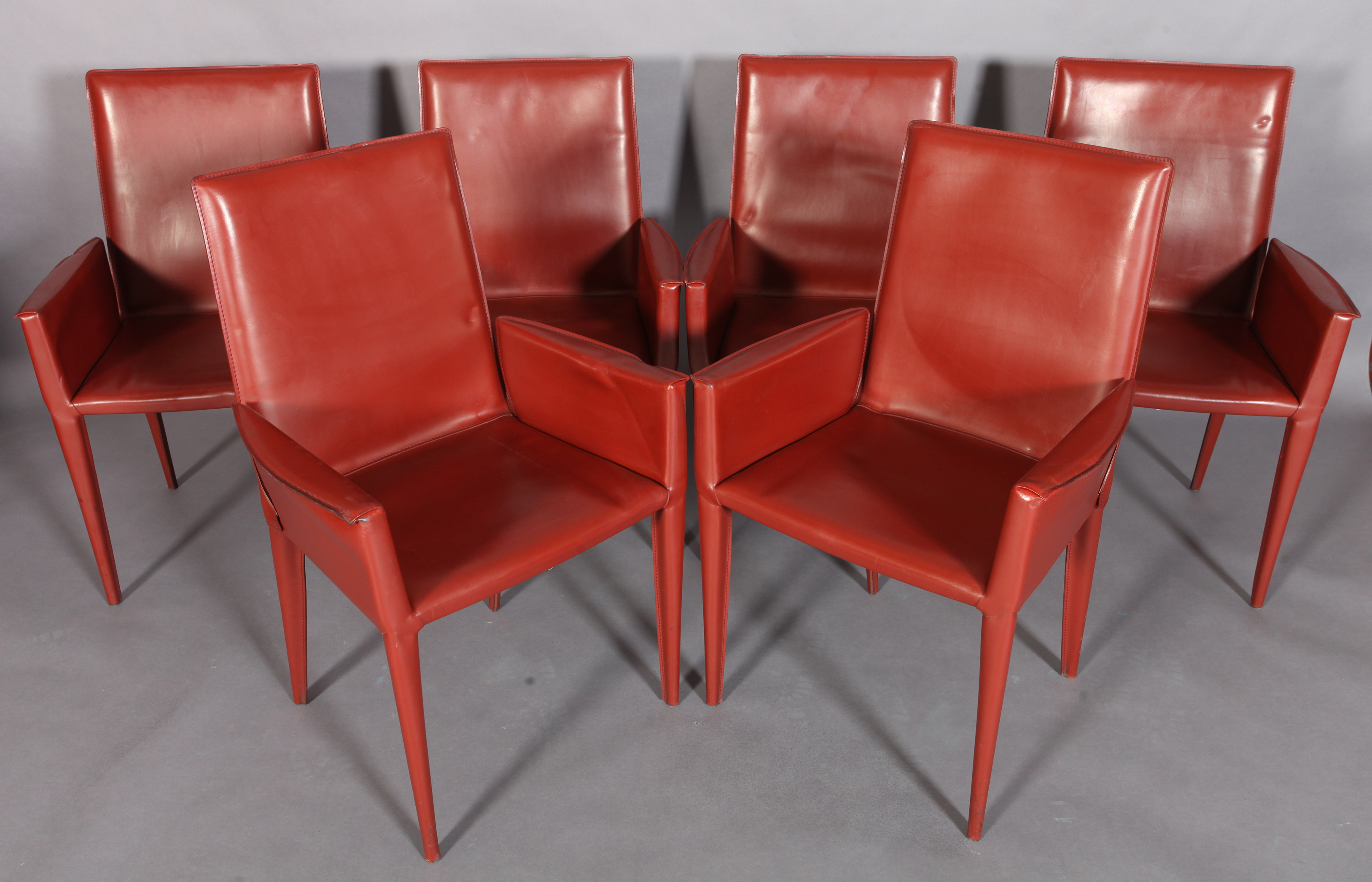 FRAG, ITALY, a set of six fox red leather high back dining chairs, on tapered legs - Image 3 of 4