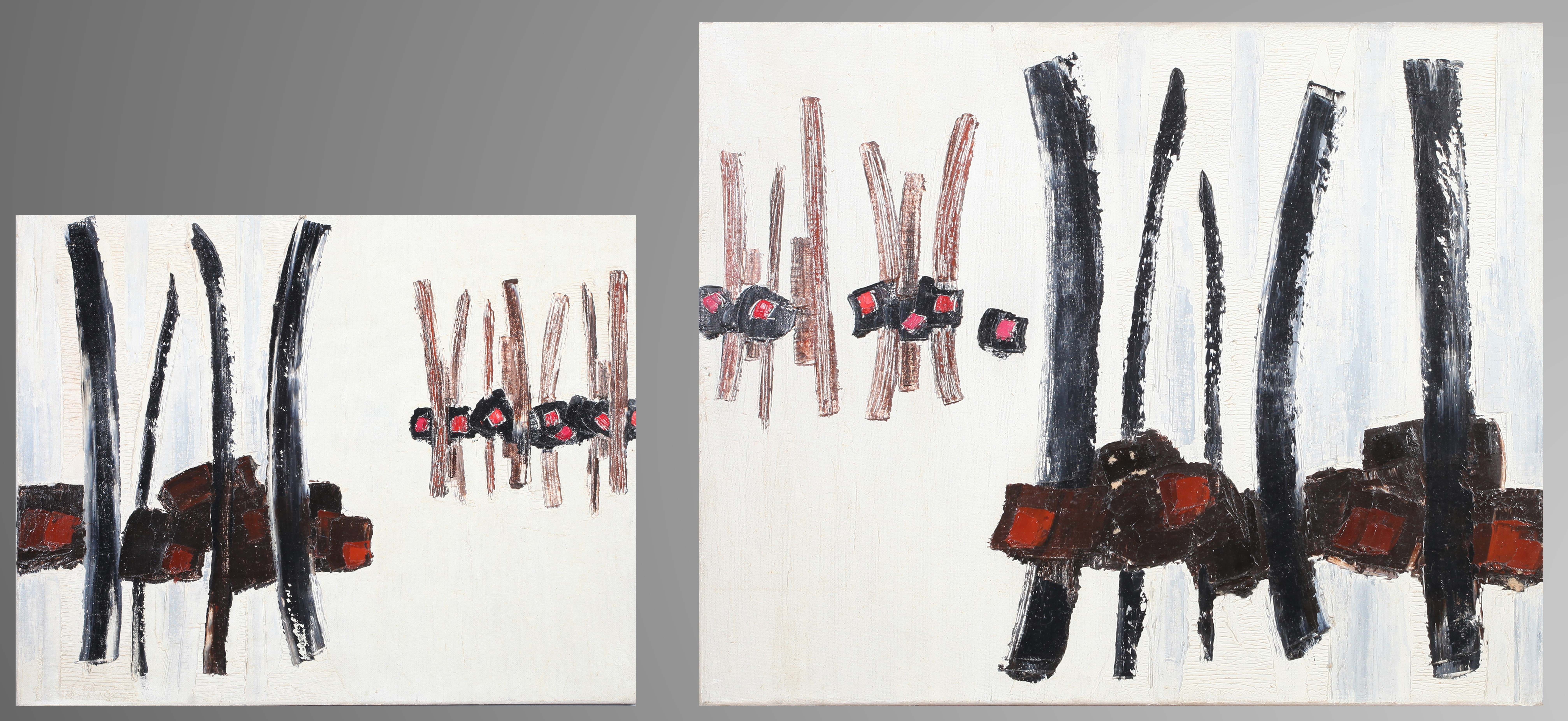 ARR DRUIE BOWETT (1924-1998) Dyptic, verticals in black and brown with red, oil on canvas, signed to
