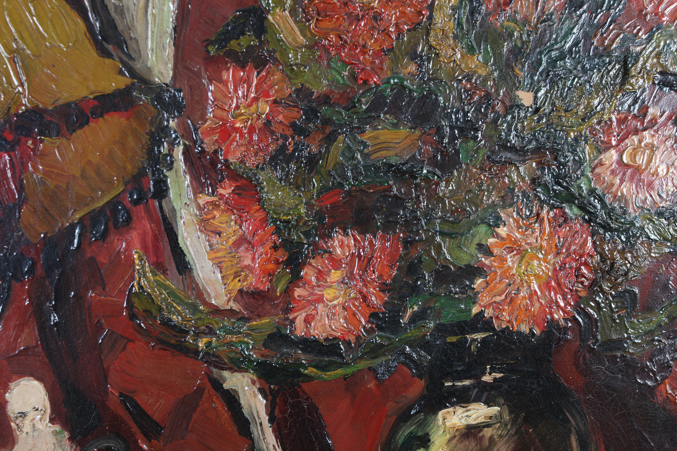 ENGLISH SCHOOL (c.1930/40s), Still life of Dahlias held in a vase on a table beside a Chinese - Image 2 of 3