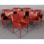 FRAG, ITALY, a set of eight fox red leather dining chairs on tapered legs, six low backs