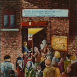 W* Palmer, 20th/21st century, Sheffield Empire, figures at the stage door, acrylic on canvas, 46cm