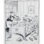 ARR GORDON ROBINSON (1920-1979), Mouse waking up to tea served by his mouse servant, pen and ink