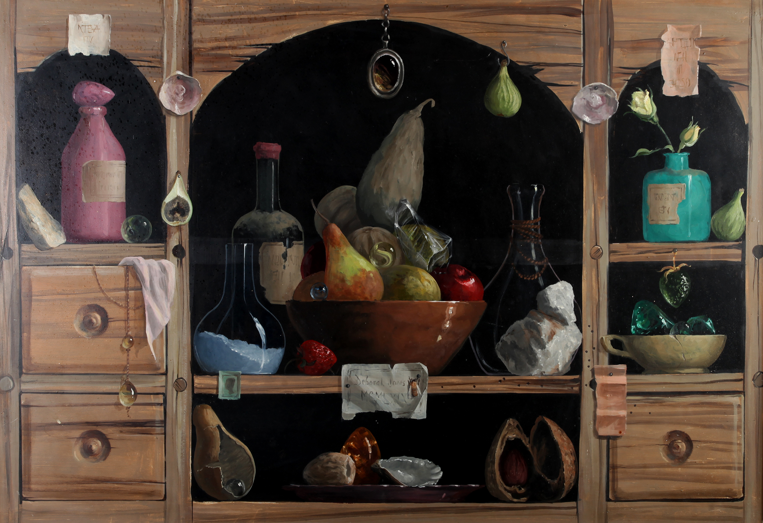 ARR DEBORAH JONES (1921-2012), Still life of fruit, wine, bottles and shells on a set of shelves