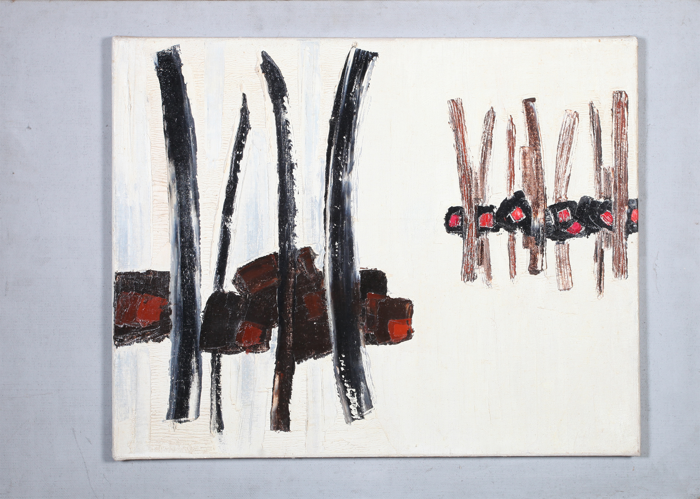 ARR DRUIE BOWETT (1924-1998) Dyptic, verticals in black and brown with red, oil on canvas, signed to - Image 2 of 8