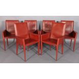 FRAG, ITALY, a set of six fox red leather high back dining chairs, on tapered legs