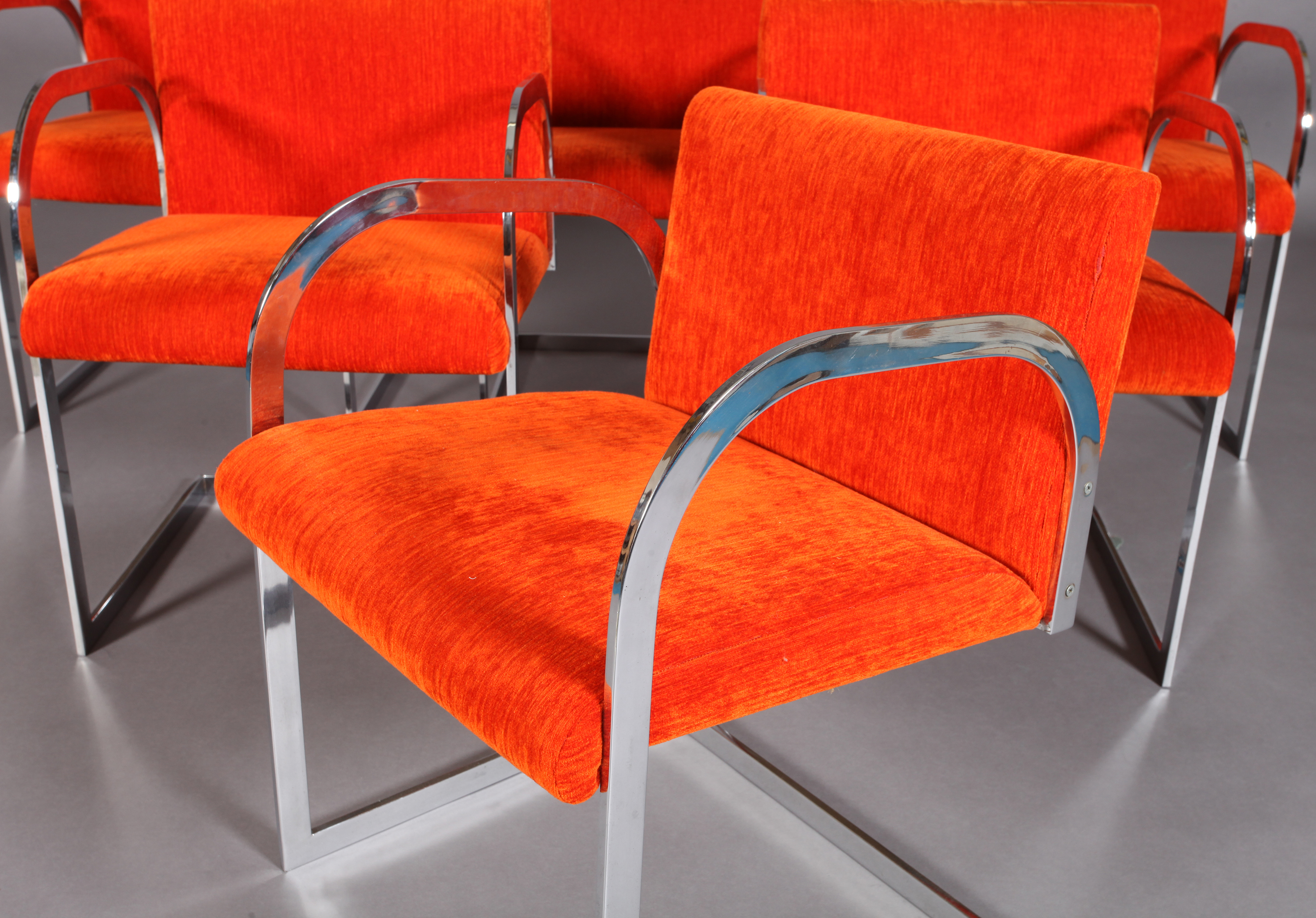 A SET OF SIX ITALIAN CHROMIUM PLATED STEEL CANTILEVER DINING CHAIRS, c.1970, with arch-profile arms, - Image 3 of 5