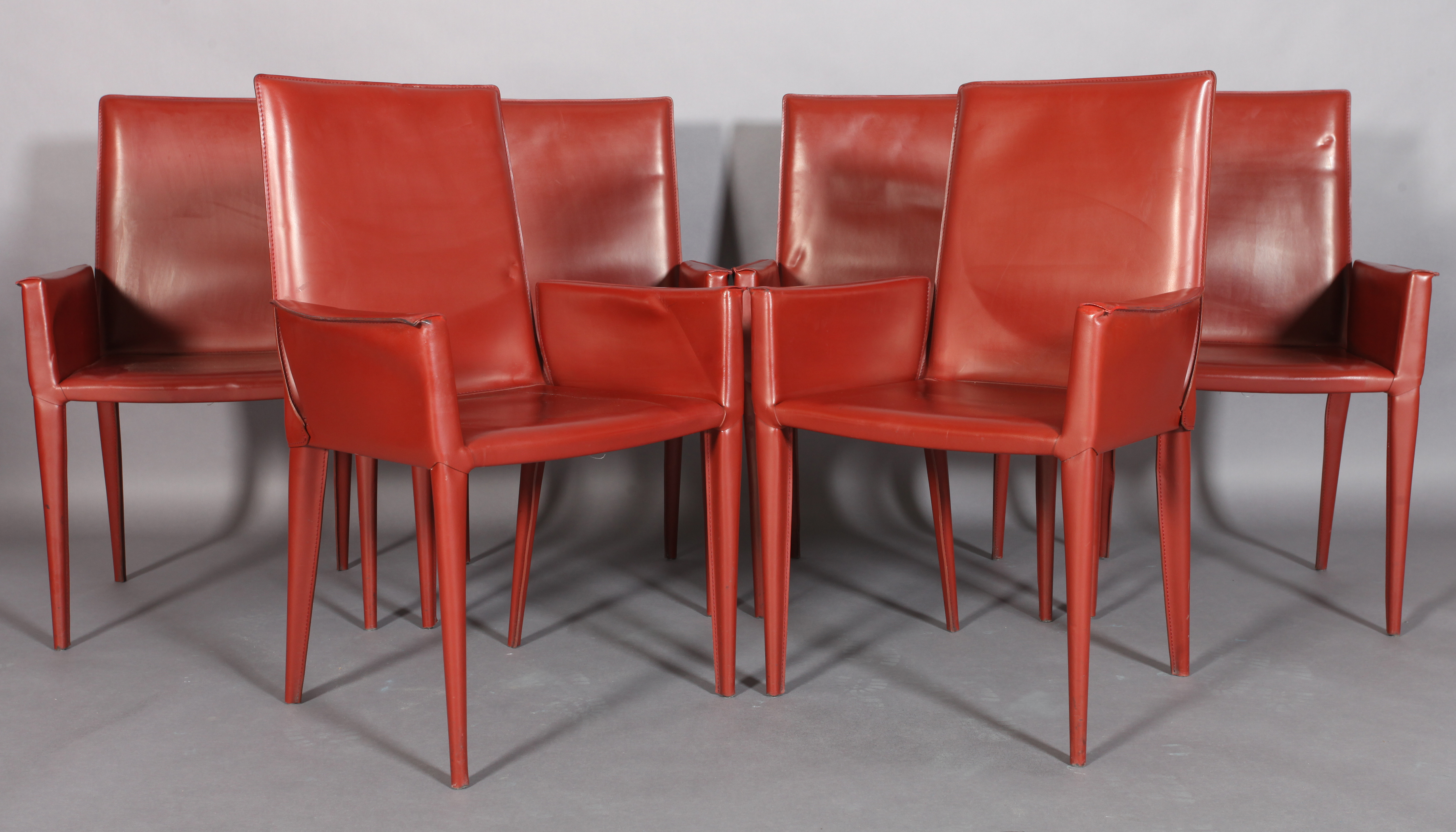 FRAG, ITALY, a set of six fox red leather high back dining chairs, on tapered legs - Image 2 of 4