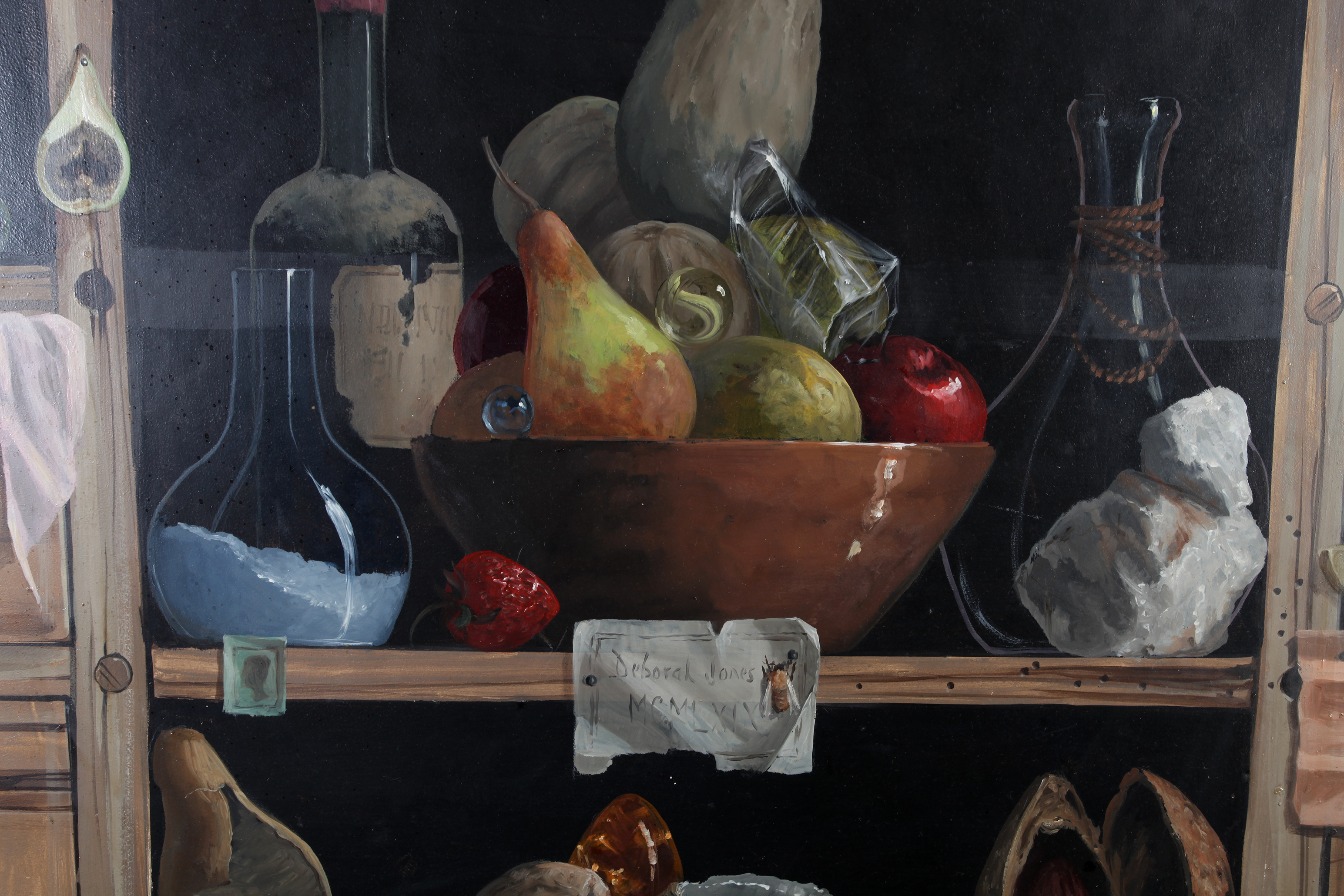 ARR DEBORAH JONES (1921-2012), Still life of fruit, wine, bottles and shells on a set of shelves - Image 2 of 6