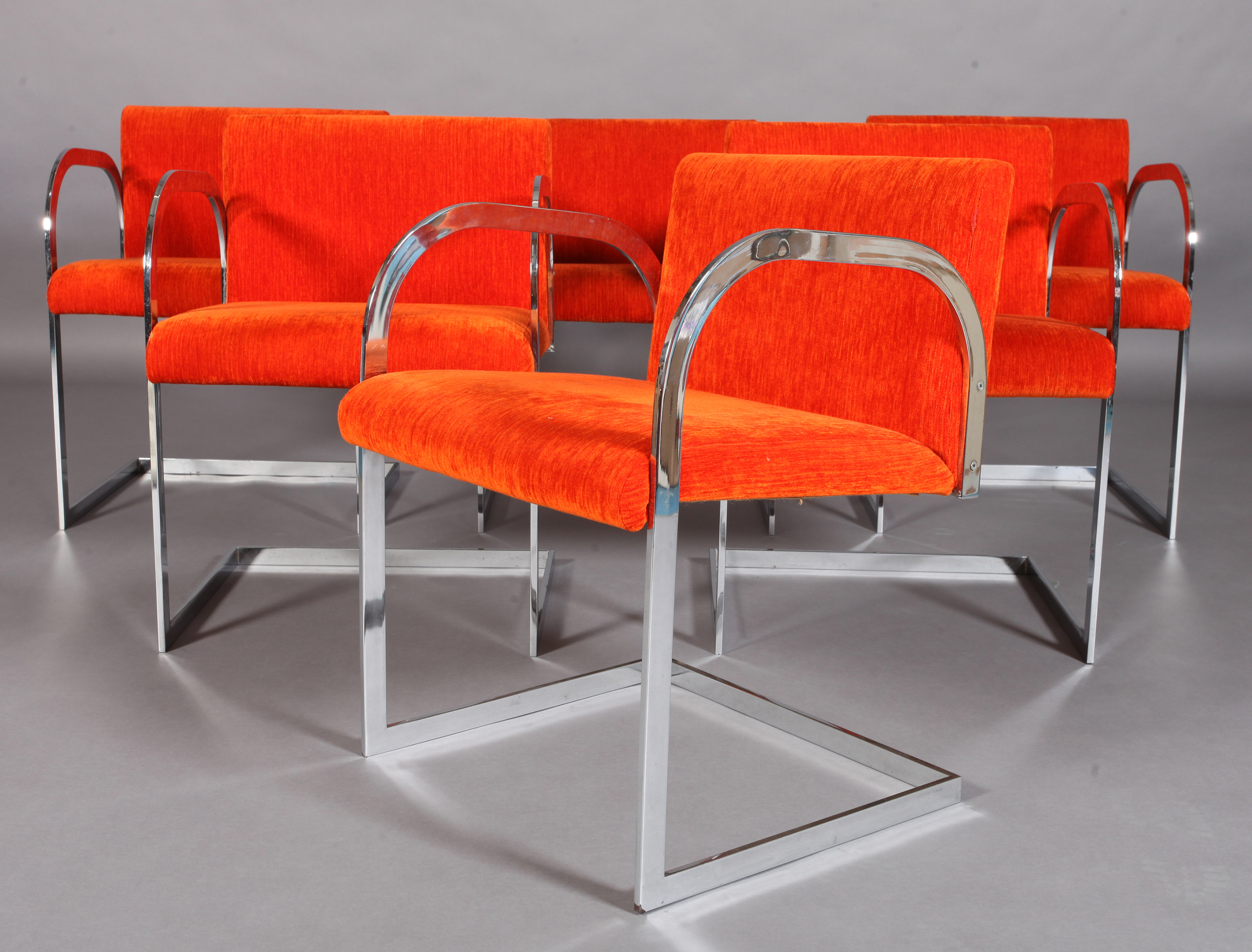 A SET OF SIX ITALIAN CHROMIUM PLATED STEEL CANTILEVER DINING CHAIRS, c.1970, with arch-profile arms, - Image 2 of 5