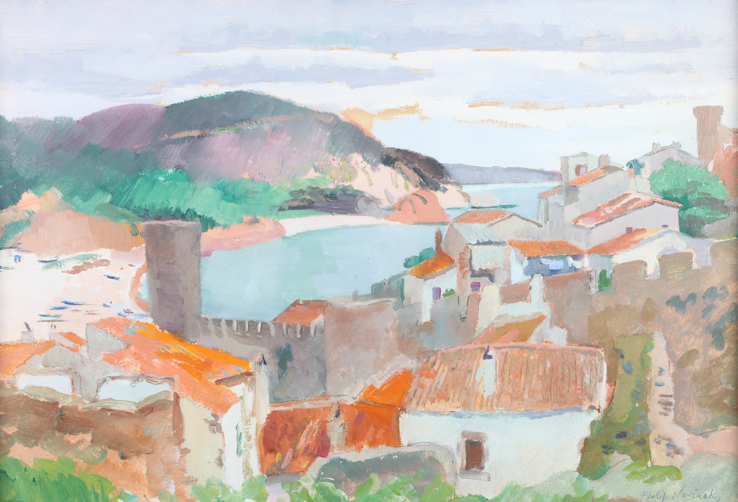 ARR PHILIP NAVIASKY (1894-1983), Mediterranean fishing village and bay, oil on board, signed to