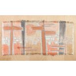 ARR DRUIE BOWETT (1924-1998), landscape in orange and browns on woven cotton panel laid out onto oak