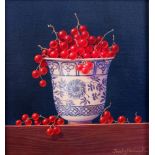ARR TRISH HARDWICK (b.1949), Redcurrants in a Chinese beaker, still life, oil on canvas, signed to