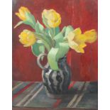 ARR FLORENCE FIELDHOUSE (1895-1974), Still life of yellow tulips in a black and grey striped jug,