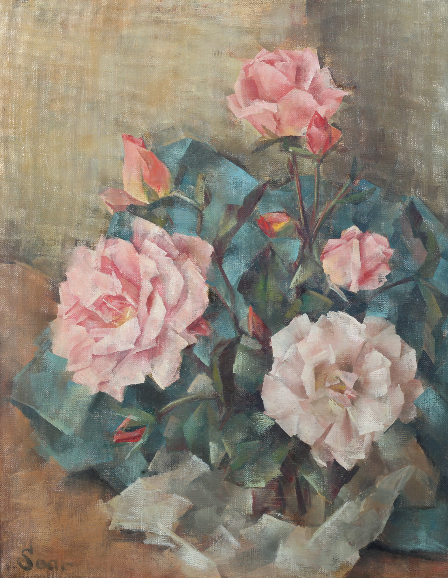 ELLEN SOAR (mid 20th century), Still life of pink roses, oil on canvas, signed lower left, 50cm x