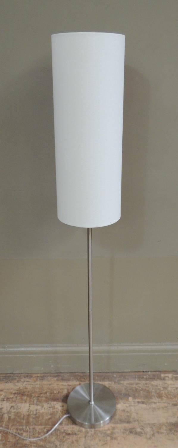 A brushed steel standard lamp with tall cylindrical white shade, 150cm high - Image 2 of 2