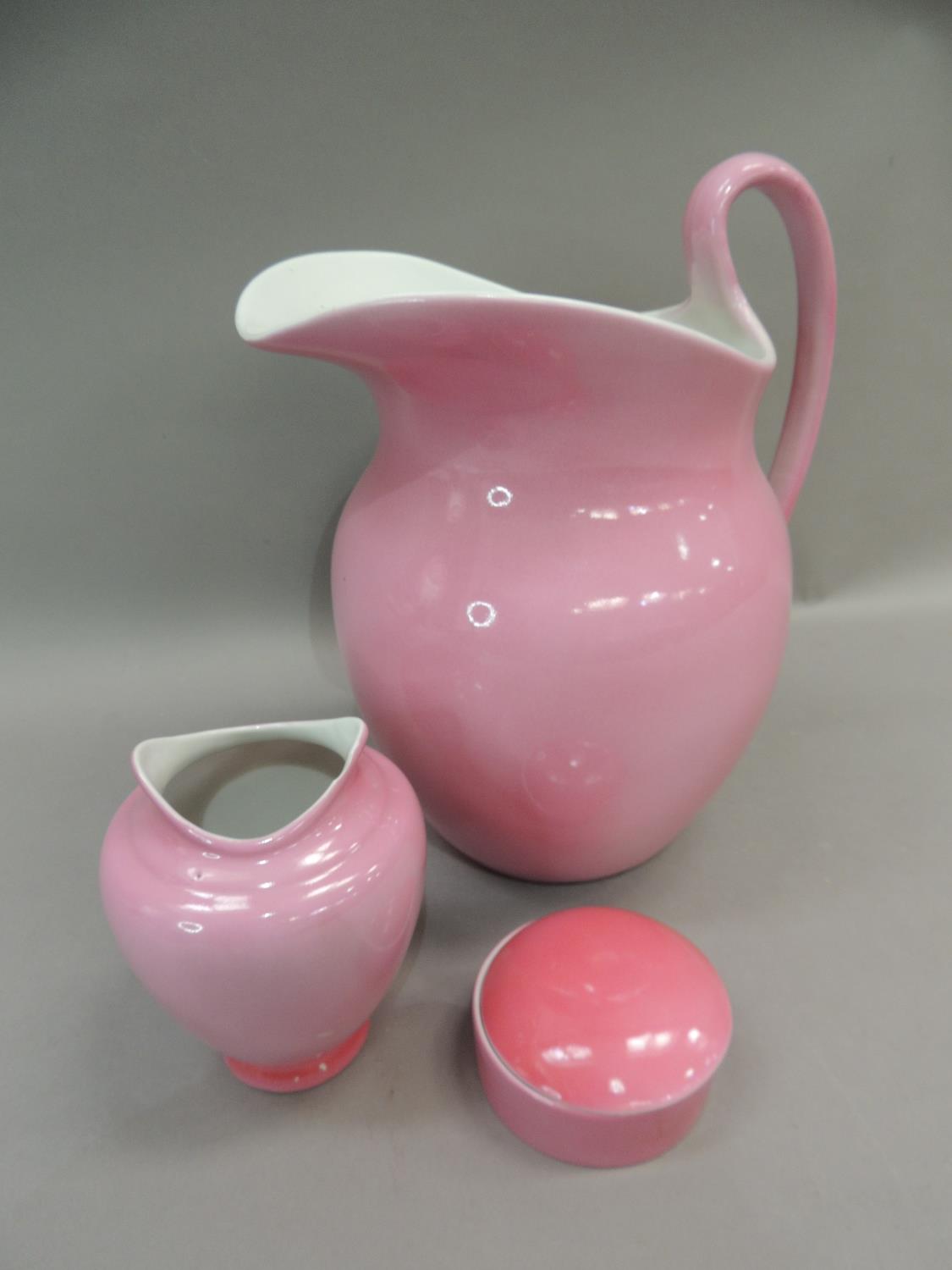 An early 20th century pink glazed toilet jug, vase, soap dish and cover - Image 2 of 2