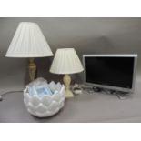 A spun brass table lamp, modern, another table lamp , a Wharfedale colour television receiver and