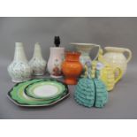 Two Grey's pottery plates with black and green borders, a pair of Wetheriggs, Penrith table lamps, a