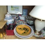 A pair of pottery table lamps and shades, reproduction Cantonese bowl and plate, quantity of