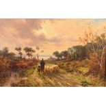 ALEC TAYLOR (early 20th century) Shepherd and flock on a country track at dusk in a lake and heath