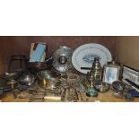 A quantity of silver plated ware to include rose bowl, dishes, cocktail shaker, syphon stand,